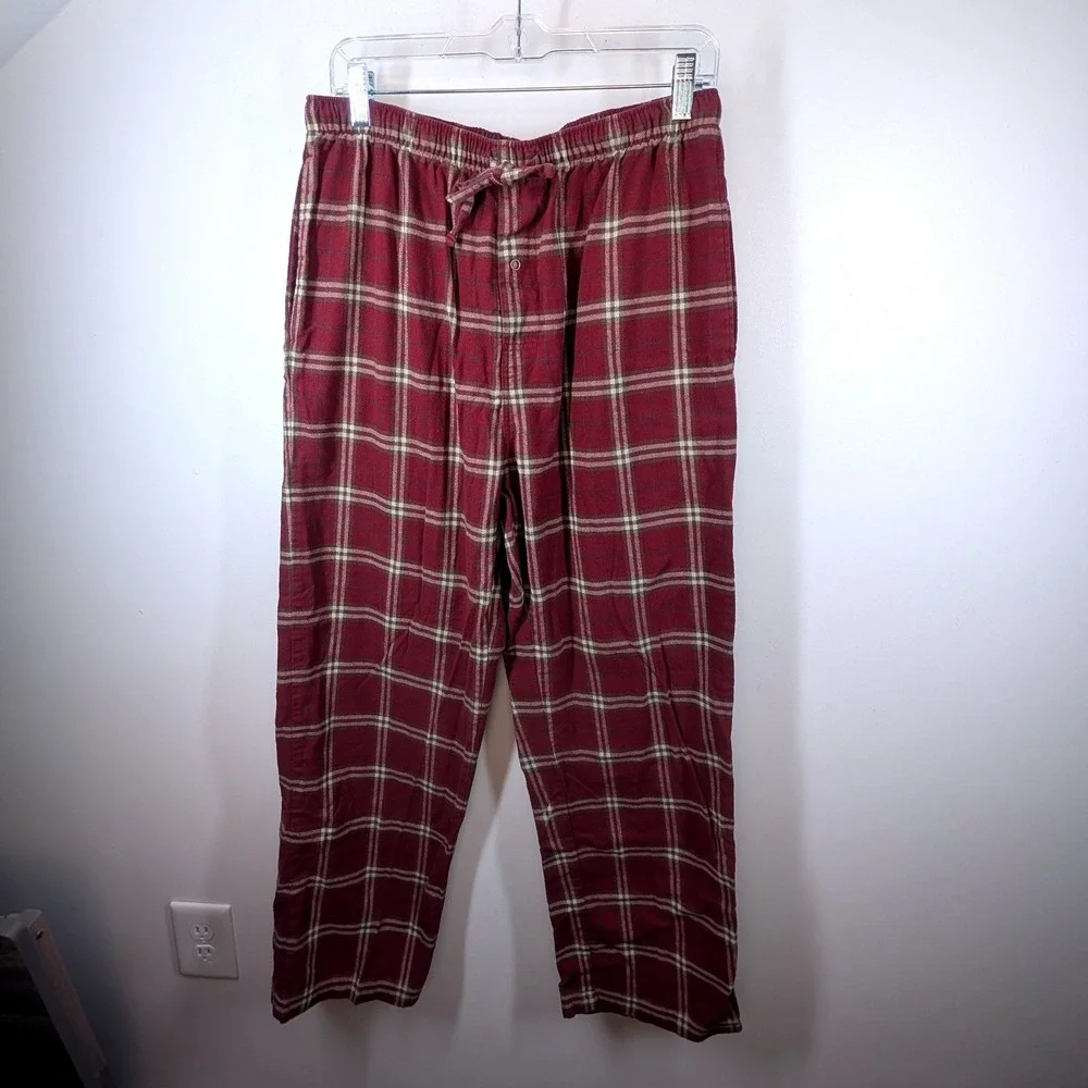 Garnet Hill‎ Mens Plaid Flannel Pajama Pants Burgundy Tan Cotton Sleepwear Large